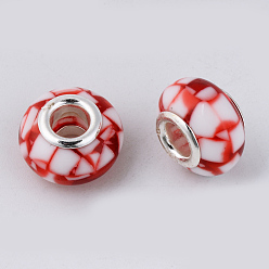 FireBrick Resin European Beads, Large Hole Beads, with Platinum Tone Brass Double Cores, Rondelle, FireBrick, 14x9mm, Hole: 5mm