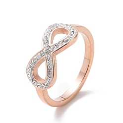Rose Gold Crystal Rhinestone Infinity Finger Ring, Ion Plating(IP) 304 Stainless Steel Jewelry for Women, Rose Gold, US Size 7(17.3mm)