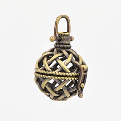 Antique Bronze Brass Hollow Cage Pendants, For Chime Ball Pendant Necklace Making, Round, Antique Bronze, 34mm, 26x24x20mm, Hole: 6x6mm, Inner Diameter: 16mm