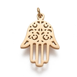 Golden 304 Stainless Steel Pendants, with Jump Ring, Laser Cut, Hamsa Hand/Hand of Fatima/Hand of Miriam, Golden, 20x13x1.5mm, Hole: 2mm
