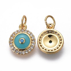 Real 18K Gold Plated Brass Charms, with Enamel and Micro Pave Cubic Zirconia, Long-Lasting Plated, Flat Round, Turquoise, Real 18K Gold Plated, 12.5x10x2.5mm, Hole: 3mm