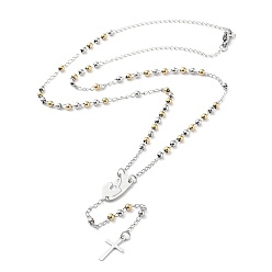Stainless Steel Color 202 Stainless Steel Rosary Bead Necklaces, Cross Pendant Necklaces, Stainless Steel Color, 19-1/2 inch(49.5cm)