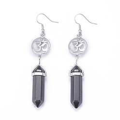 Magnetic Hematite Pointed Bullet Natural Magnetic Hematite Dangle Earrings, with Brass Earring Hooks and Flat Round with Aum/Om Symbol Links, Yoga Theme, Platinum, 78mm, Pin: 0.7mm
