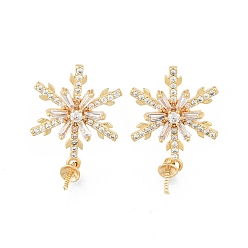 Real 18K Gold Plated Brass Pave Clear Cubic Zirconia Stud Earring Findings, for Half Drilled Beads, Snowflake, Cadmium Free & Nickel Free & Lead Free, Real 18K Gold Plated, 24x14.5mm, Pin: 0.7mm and 0.9mm(for half drilled beads)