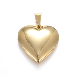 Chapado en Oro Real 18K 316 colgantes medallón de acero inoxidable, corazón, real 18 k chapado en oro, 29x29x7 mm, agujero: 9x5 mm, interior: 21x20 mm