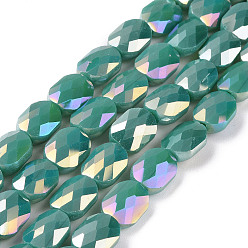 Bleu Vert Brins de perles de verre plaquées à facettes, de couleur plaquée ab , couleur unie opaque, ovale, dark cyan, 10.5x8x5mm, Trou: 1.5mm, Environ 58~60 pcs/chapelet, 25.59 pouce (65 cm)
