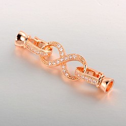 Rose Gold Brass Micro Pave Cubic Zirconia Fold Over Clasps, Infinity, Rose Gold, 39x10x7mm, Hole: 1mm and 5mm