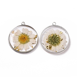 White Transparent Clear Epoxy Resin Pendants, with Edge Platinum Plated Brass Loops and Gold Foil, Flat Round Charms with Inner Flower, White, 34x30x4mm, Hole: 2.6mm