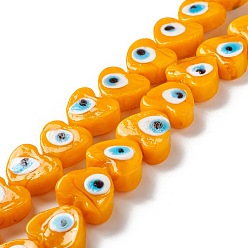 Naranja Hechos a mano de los granos del lampwork del ojo malvado, corazón, naranja, 14.5~15x15.5~16x6.5~7.5 mm, agujero: 1~1.6 mm, sobre 25 unidades / cadena, 14.02~13.66 pulgada (34.7~35.6 cm)