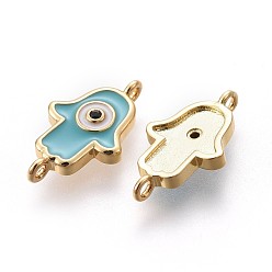 Real 18K Gold Plated Brass Enamel Links, Long-Lasting Plated, Hamsa Hand/Hand of Fatima /Hand of Miriam with Evil Eye, Turquoise, Real 18K Gold Plated, 16.5x10x2mm, Hole: 1mm