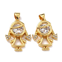 Real 18K Gold Plated Brass Micro Pave Clear Cubic Zirconia Pendants, Girl, Real 18K Gold Plated, 23x17x6mm, Hole: 4x3mm