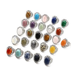 Mixed Stone Natural & Synthetic Gemstone Adjustable Rings, Platinum Tone Oval Brass Rings for Women, Cadmium Free & Lead Free, US Size 7 3/4(17.9mm), 3.5~5mm
