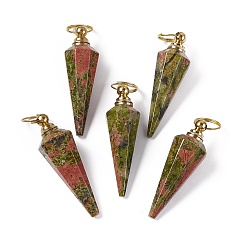 Unakite Natural Unakite Openable Perfume Bottle Pendants, Faceted Cone Charm, with Golden Tone Brass Findings, 48~50x15.5~16.5x15.5~16.5mm, Hole: 10.3mm