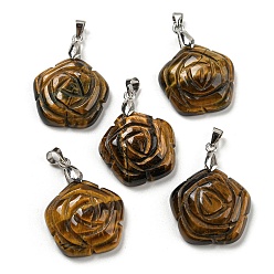 Tiger Eye Natural Tiger Eye Carved Pendants, Flower Charms with Rack Plating Platinum Plated Brass Pinch Bails, 30x22.5x7.5mm, Hole: 4.5x4mm
