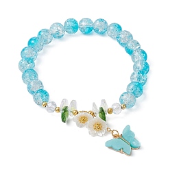 Bleu Ciel Clair Bracelet extensible perles rondes en verre, bracelet à breloques en alliage acrylique papillon et fleur en verre, lumière bleu ciel, diamètre intérieur: 2-1/8 pouce (5.4 cm)