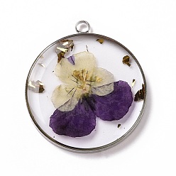 Purple Transparent Clear Epoxy Resin Pendants, with Edge Platinum Plated Brass Loops and Gold Foil, Flat Round Charms with Inner Flower, Purple, 34x30x4mm, Hole: 2.6mm