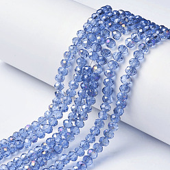 Cornflower Blue Electroplate Transparent Glass Beads Strands, Half Rainbow Plated, Faceted, Rondelle, Cornflower Blue, 3.5x3mm, Hole: 0.4mm, about 123~127pcs/strand, 13.7~14.1 inch(35~36cm)
