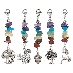 Mixed Stone Autumn Theme Tibetan Style Alloy Pendants Decoration, 7 Chakra Gemstone Chips and 304 Stainless Steel Lobster Claw Clasps Charms, Mixed Shapes, 65~70mm