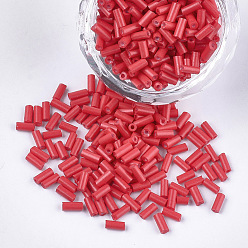 Crimson Glass Bugle Beads, Round Hole, Opaque Colours, Crimson, 3~5x1.5~2mm, Hole: 0.8mm, about 15000pcs/bag