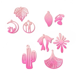 Hot Pink Spray Painted Alloy Charms, Flower & Leaf & Bowknot & Cactus & Moon, Hot Pink, 21~44.5x15~33.5x1~2.5mm, Hole: 1.2~1.5mm, 18pcs/set