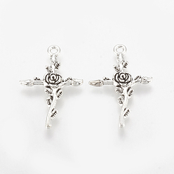 Antique Silver Tibetan Style Alloy Pendants, Cross with Rose, Cadmium Free & Lead Free,, Antique Silver, 34.5x23.5x3mm, Hole: 2mm, about 540pcs/1000g