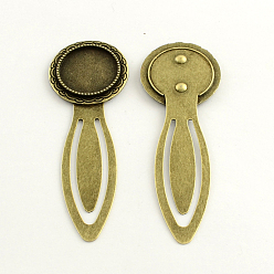 Antique Bronze Iron Bookmark Cabochon Setting, with Alloy Flat Round Tray, Lead Free & Nickel Free & Cadmium Free, Antique Bronze, 77x27x3mm, Tray: 20mm