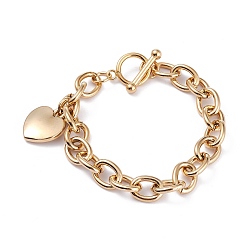 Golden Vacuum Plating 304 Stainless Steel Charm Bracelets, with Toggle Clasps, Heart, Golden, 8 inch(20.2cm)