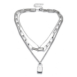 Platinum Zinc Alloy 3 Layered Necklaces, Lead Free & Nickel Free, with Lobster Claw Clasps and Heart Beads, Padlock, Platinum, 14.17 inch(36cm)