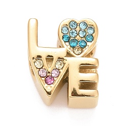 Golden 304 Stainless Steel European Beads, with Colorful Rhinestone, Large Hole Beads, Word Love, Golden, 12.5x11x7.5mm, Hole: 5mm