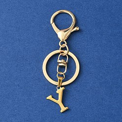 Letter Y 304 Stainless Steel Initial Letter Charm Keychains, with Alloy Clasp, Golden, Letter Y, 8.5cm