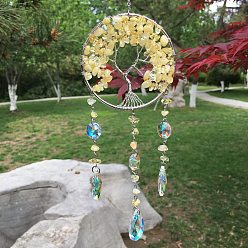 Citrine Metal Wire Wrapped Natural Citrine Chips Flat Round with Tree of Life Pendant Decorations. Hanging Suncatchers, with Glass Teardrop Charm, 300x80mm