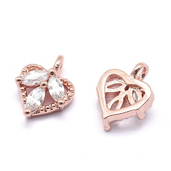 Real Rose Gold Plated Brass Charms, with Cubic Zirconia, Cadmium Free & Nickel Free & Lead Free, Heart, Clear, Real Rose Gold Plated, 10x8x3mm, Hole: 1.5mm