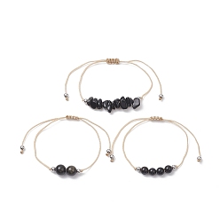 Obsidienne 3 pcs 3 ensemble de bracelets de perles tressées en obsidienne naturelle de style, bracelets réglables en fil de nylon pour femmes, diamètre intérieur: 3-3/8 pouce (8.5 cm), 1 pc / style