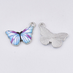 Colorful Printed Alloy Pendants, with Enamel, Butterfly, Platinum, Colorful, 13.5x20x2mm, Hole: 1.6mm
