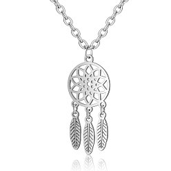 Stainless Steel Color 201 Stainless Steel Pendants Necklaces, Flower & Feather, Stainless Steel Color, 16.3 inch(40cm)