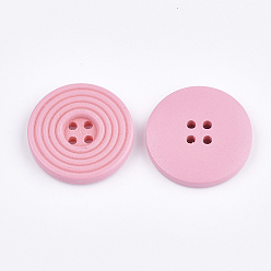 Pink Boutons en bois peint, 4-trou, plat rond, rose, 24.5x4mm, Trou: 2mm