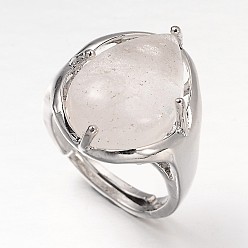 Cristal de Quartz Anneaux larges réglables en laiton de ton platine en forme de larme, cristal, 18mm, Plateau: 20x17 mm