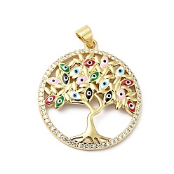 Real 18K Gold Plated Rack Plating Brass Enamel Pendants, Cadmium Free & Lead Free, Tree of Life with Evil Eye, Real 18K Gold Plated, 29.5x26.5x3.5mm, Hole: 5x3.5mm