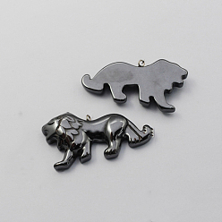 Black Non-magnetic Hematite Pendants, Grade A, with Iron Findings, Lion, Black, 25x49x7mm, Hole: 2mm