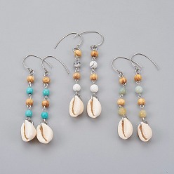 Mixed Stone Round Natural & Synthetic Mixed Stone Dangle Earrings, with Cowrie Shell, Wood Beads and 304 Stainless Steel Earring Hooks, Stainless Steel Color, 85~89mm, Pin: 0.7mm
