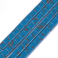 Стально-синий Немагнитные синтетические гематитовые многожильные звенья, окрашенные распылением, для изготовления эластичных браслетов, квадратный, стальной синий, 5x5x2 мм, отверстие : 0.6 мм, около 80 шт / нитка, 15.7 дюйм