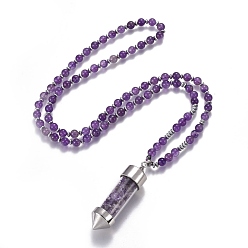 Amethyst Natural Amethyst Pendant Necklace, with Glass Beads and Brass Findings, Bullet, 27.9 inch(71cm), beads: 6mm, pendant: 65x17.5mm