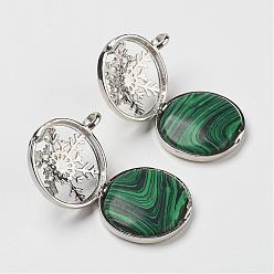 Malachite Synthetic Malachite Pendants, with Brass Diffuser Locket Findings, Flat Round with Snowflake, 31x26x8mm, Hole: 4mm