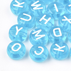 Bleu Ciel Foncé Perles acryliques transparentes, trou horizontal, mélange de lettres, plat rond, bleu profond du ciel, 7x4mm, Trou: 1.5mm, environ3700 pcs / 500 g