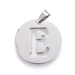 Letter E 201 Stainless Steel Pendants, Flat Round with Letter, Stainless Steel Color, Letter.E, 24.5x19.7x1.3mm, Hole: 4x3mm