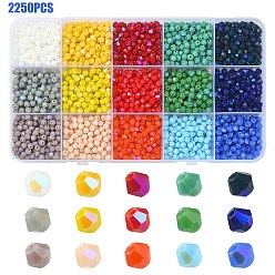Mixed Color 2250Pcs 15 Colors Opaque Solid Color Electroplate Glass Beads Strands, AB Color Plated, Faceted, Bicone, Mixed Color, 4x4mm, Hole: 0.8mm, 150Pcs/color