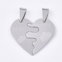 Stainless Steel Color 201 Stainless Steel Split Pendants, Heart with Heart, with Word Best Friends, Stainless Steel Color, 25x29x1mm, Hole: 8x4mm