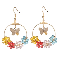 Coloré Boucles d'oreilles pendantes fleur en perles de verre et papillon en laiton, doré 304 bijoux en fil d'acier inoxydable pour femmes, colorées, 57mm, pin: 0.6 mm