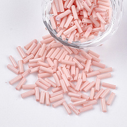 Pink Glass Bugle Beads, Round Hole, Opaque Colours, Pink, 6~7x1.5~2mm, Hole: 0.8mm, about 10000pcs/bag