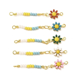 Mixed Color Glass Seed Beads Flower Links Connector Charms, with Rack Plating Real 18K Gold Plated Brass Enamel Findings, Mixed Color, 36.5mm, Hole: 1.2mm and 1.6mm